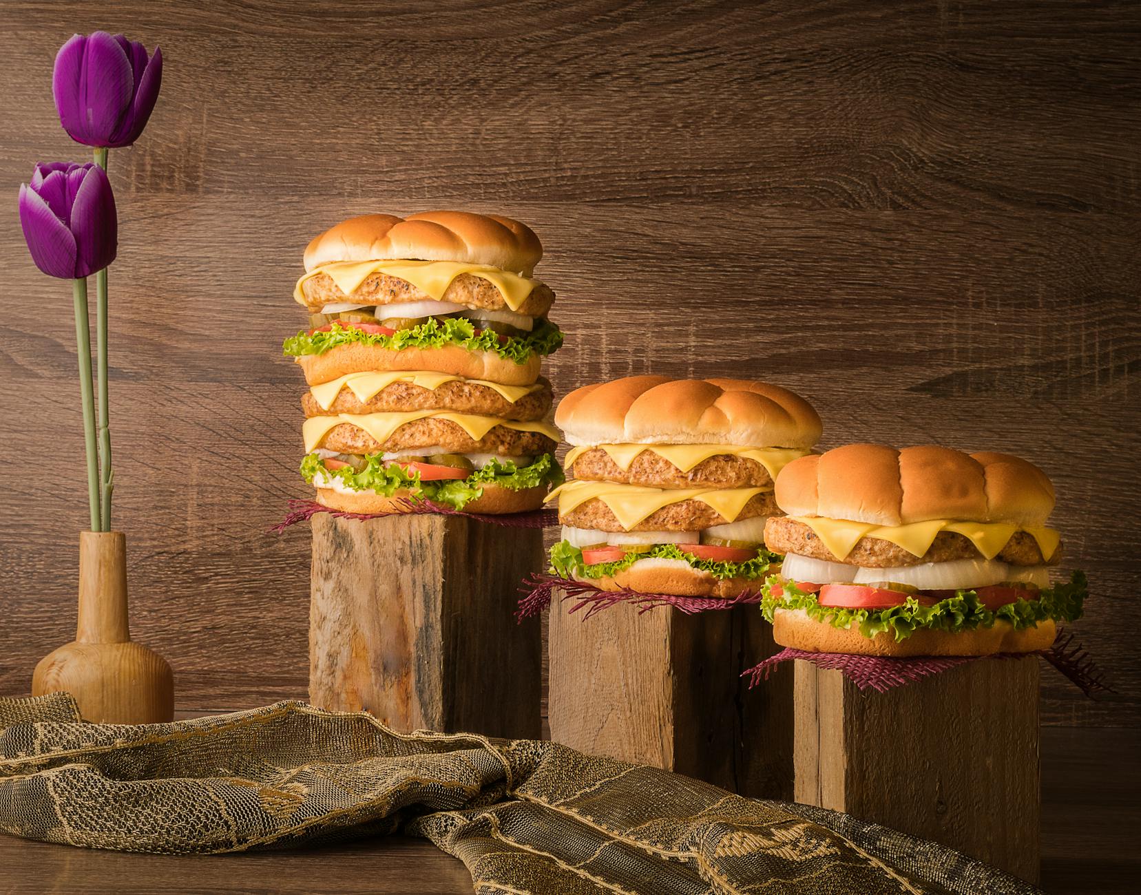 big burgers and tulip flowers